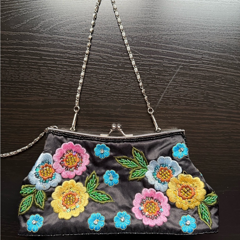 Vintage JNY Floral Beaded Satin Clutch Kiss Lock Evening Bag Black - Picture 9 of 12